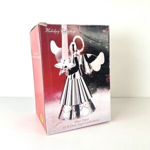 NIB Godinger Dress Christmas Angel Candle Stick Holder Silver Plated 10" Tall
